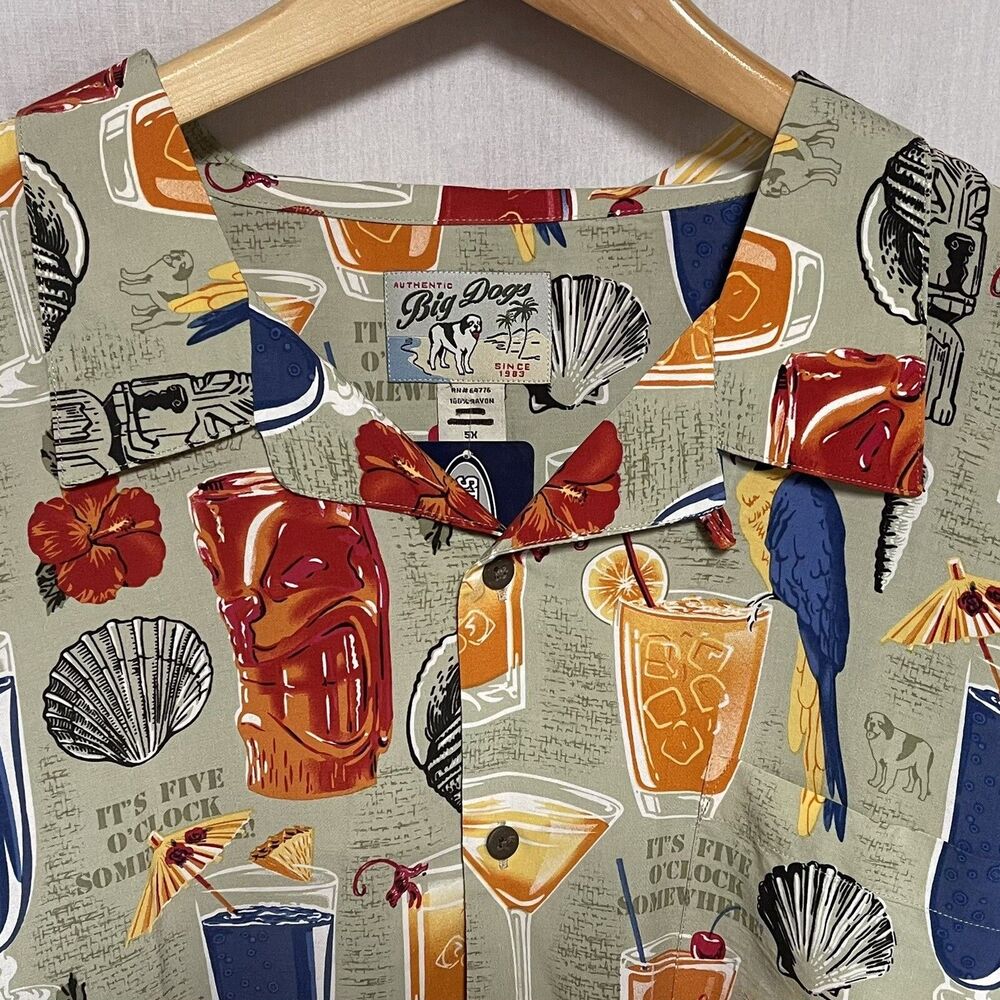Big Dogs Hawaiian Mens Shirt Hibiscus Flowers Tiki Cocktails Seashells 5XL NEW